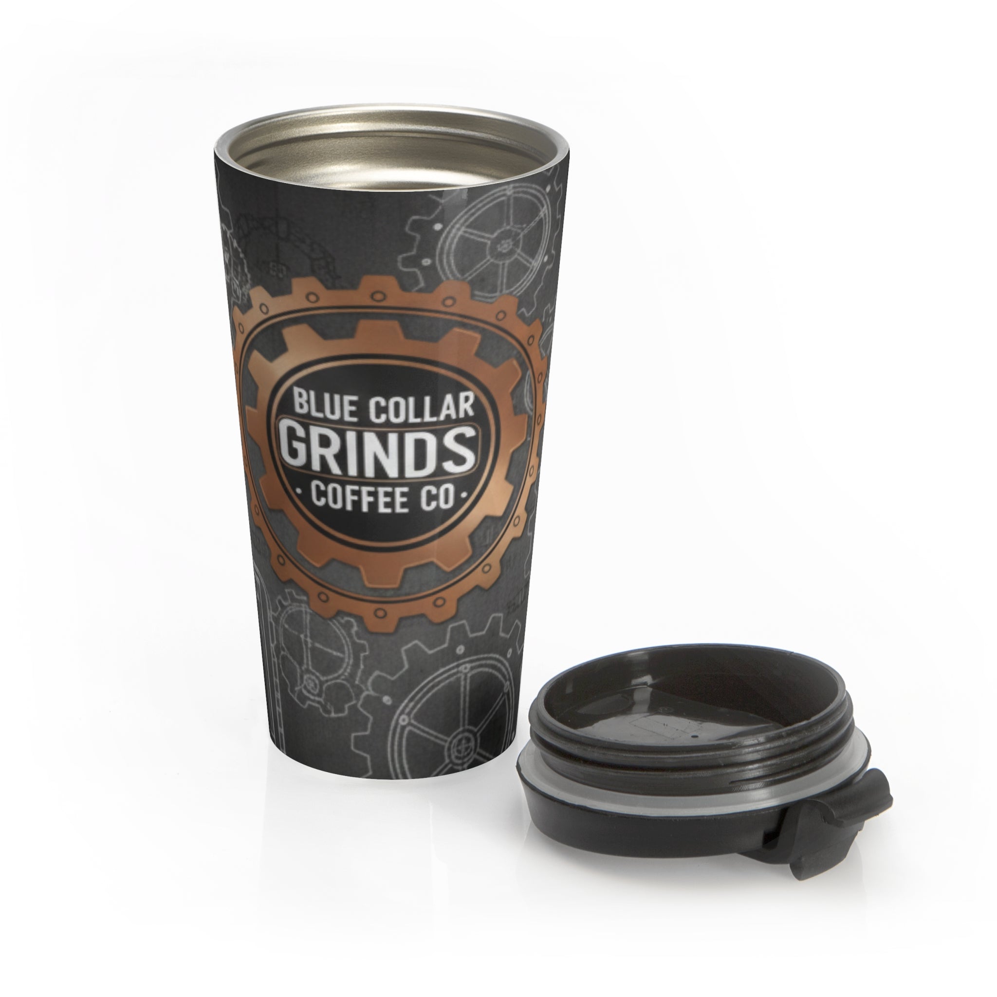 Blue Collar Grinds Coffee Co. Stainless Steel Travel Mug — Industrial Gear Design