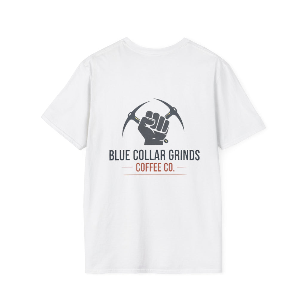 Blue Collar Grinds Coffee Co. T‑Shirt — Bold Back Logo Workwear Tee