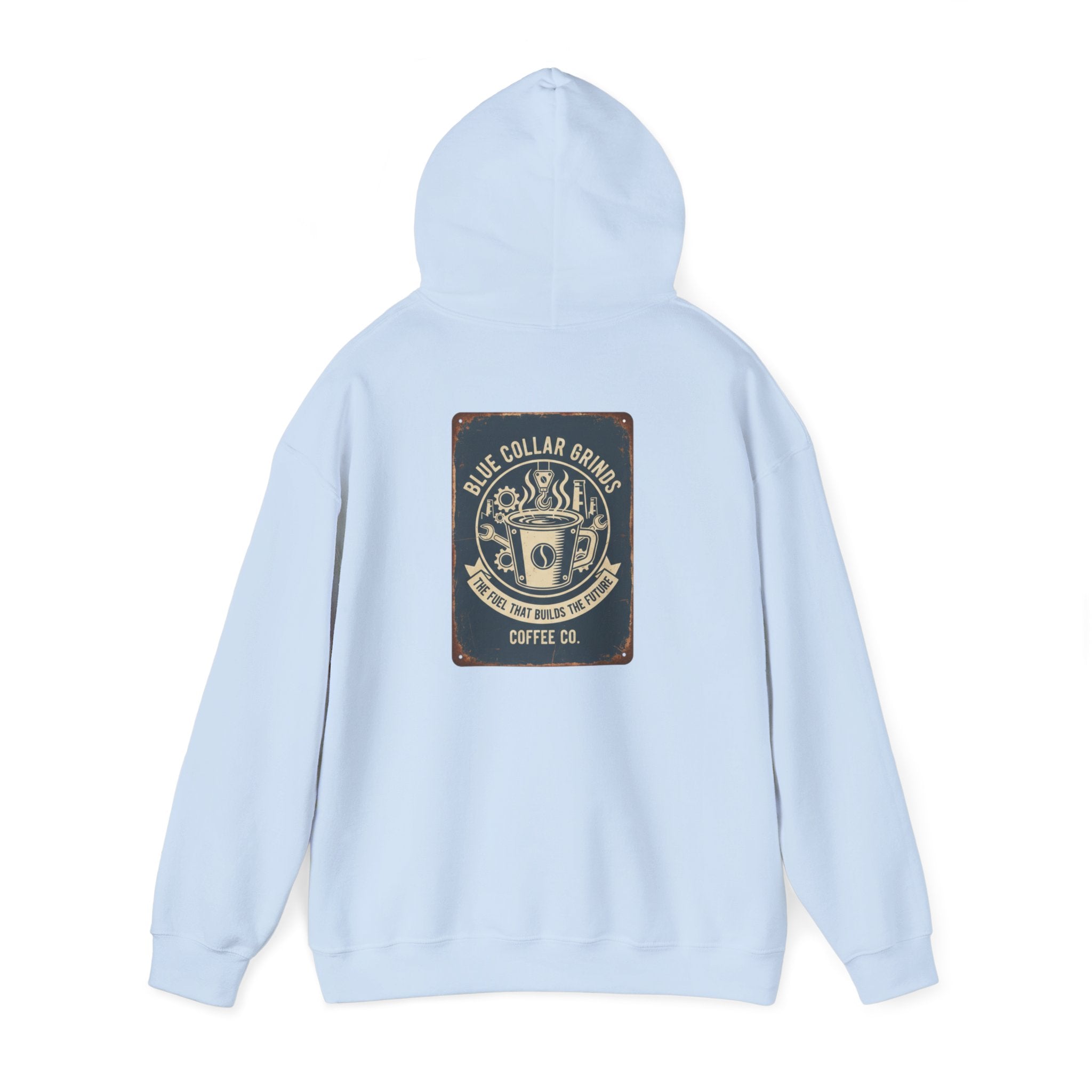 Blue Collar Grinds Coffee Co. Vintage Logo Hoodie — Retro Coffee Shop Sweatshirt