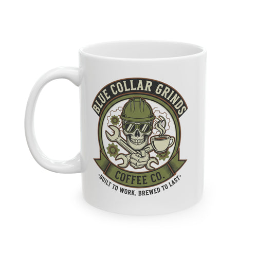 Blue Collar Grinds Coffee Co. Ceramic Coffee Mug — Skull & Tools (11oz & 15oz)