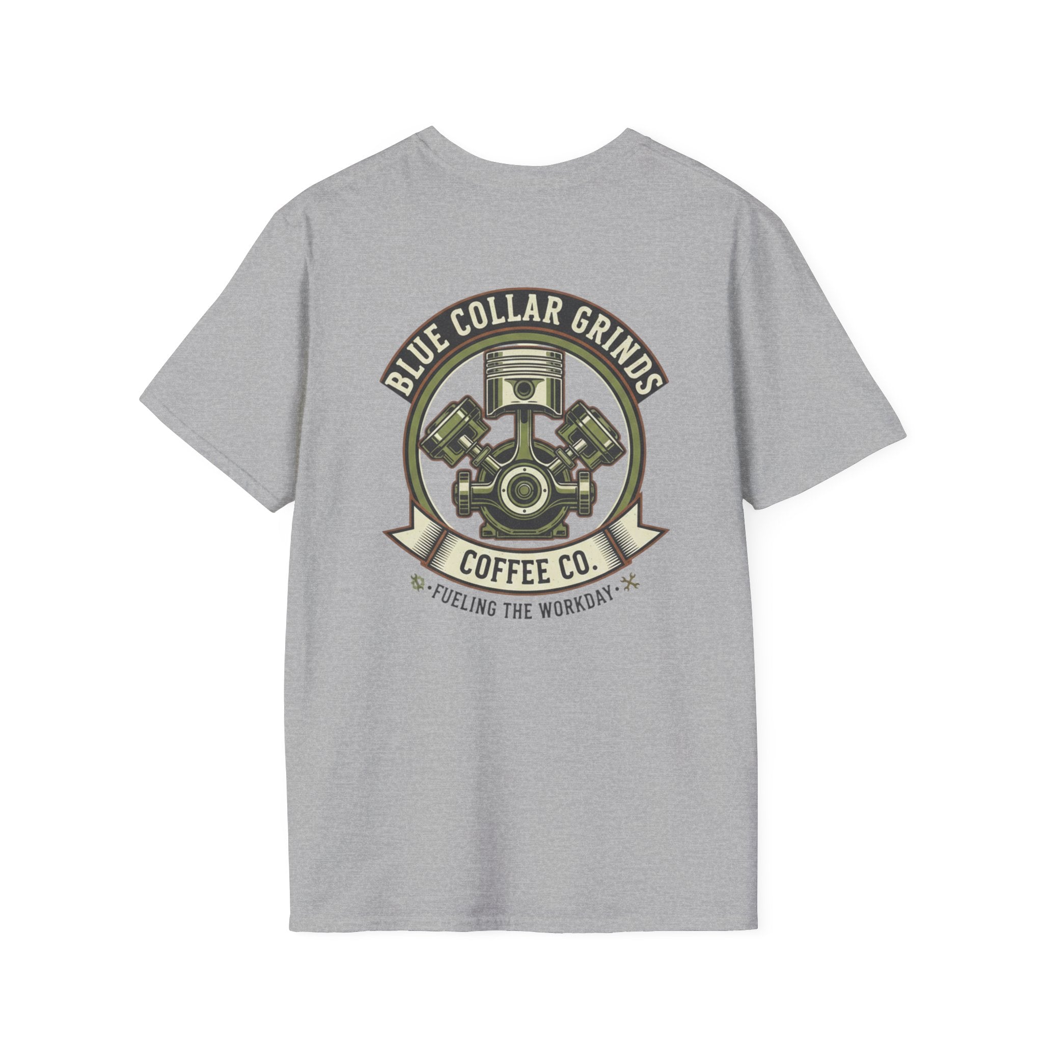 Blue Collar Grinds Coffee Co. T-Shirt — 'Fueling the Workday' Vintage Mechanic Logo