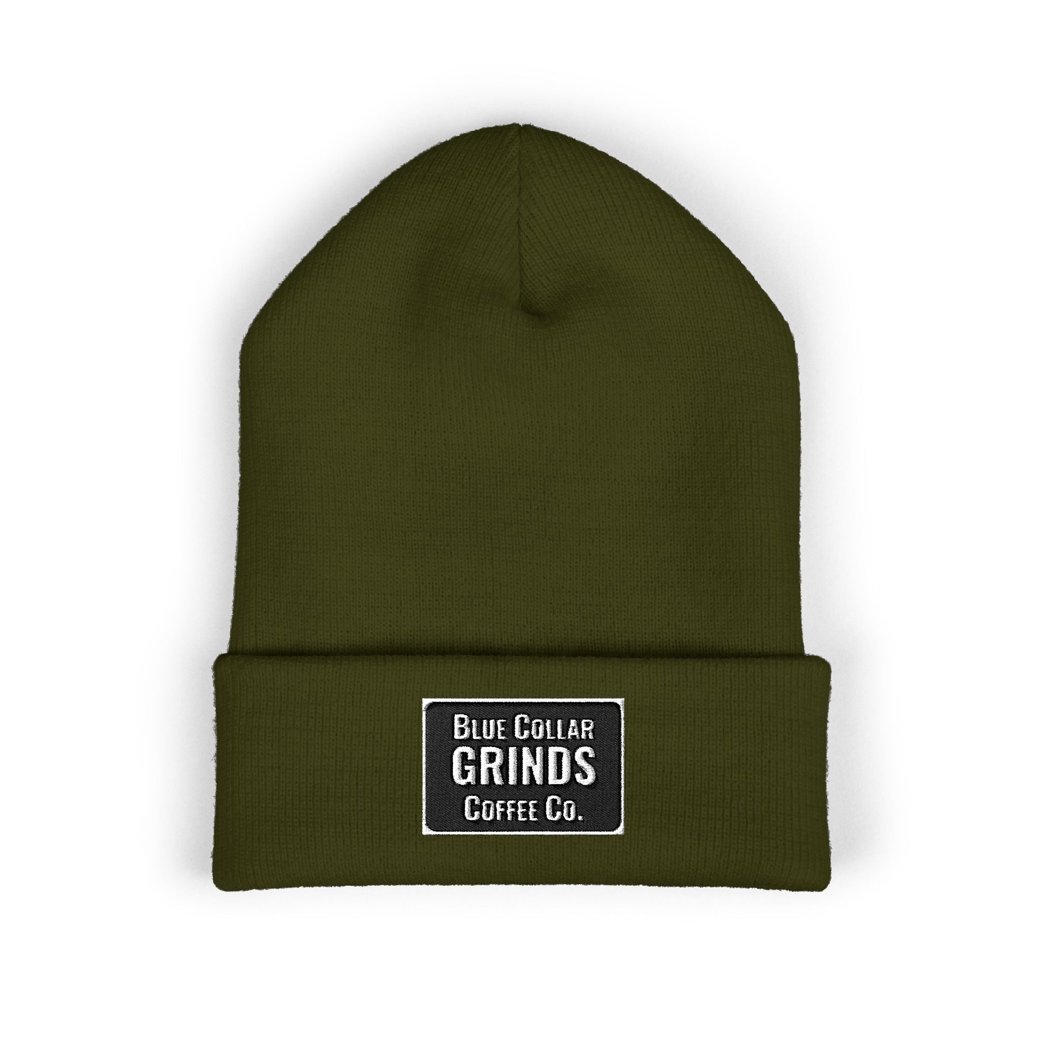 Blue Collar Grinds Coffee Co. Embroidered Earth Patch Beanie – Classic Cuffed Knit Hat