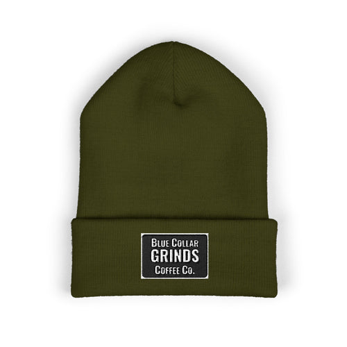 Blue Collar Grinds Coffee Co. Embroidered Earth Patch Beanie – Classic Cuffed Knit Hat