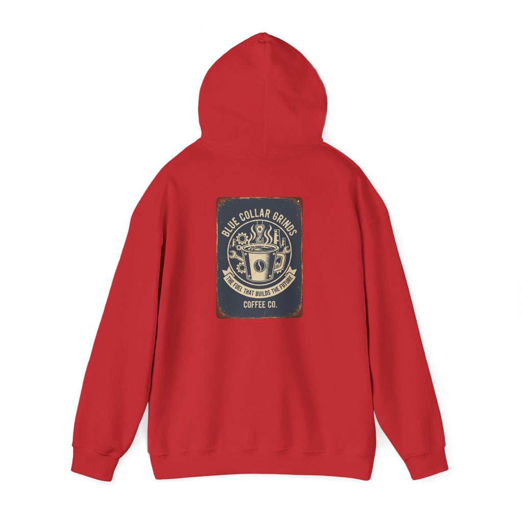Blue Collar Grinds Coffee Co. Vintage Logo Hoodie — Retro Coffee Shop Sweatshirt
