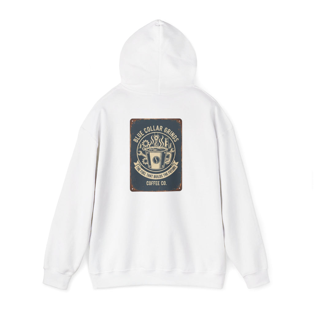 Blue Collar Grinds Coffee Co. Vintage Logo Hoodie — Retro Coffee Shop Sweatshirt