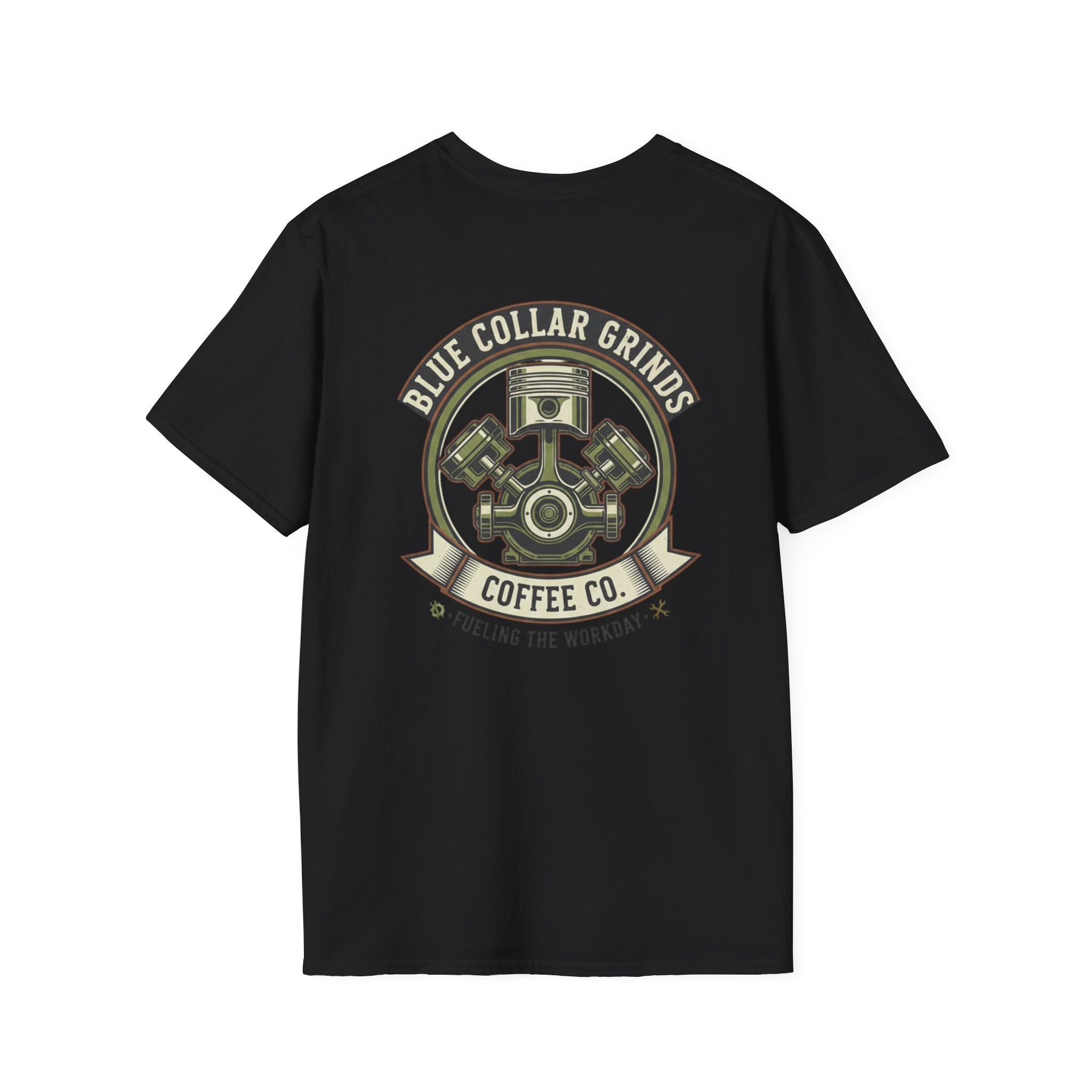 Blue Collar Grinds Coffee Co. T-Shirt — 'Fueling the Workday' Vintage Mechanic Logo