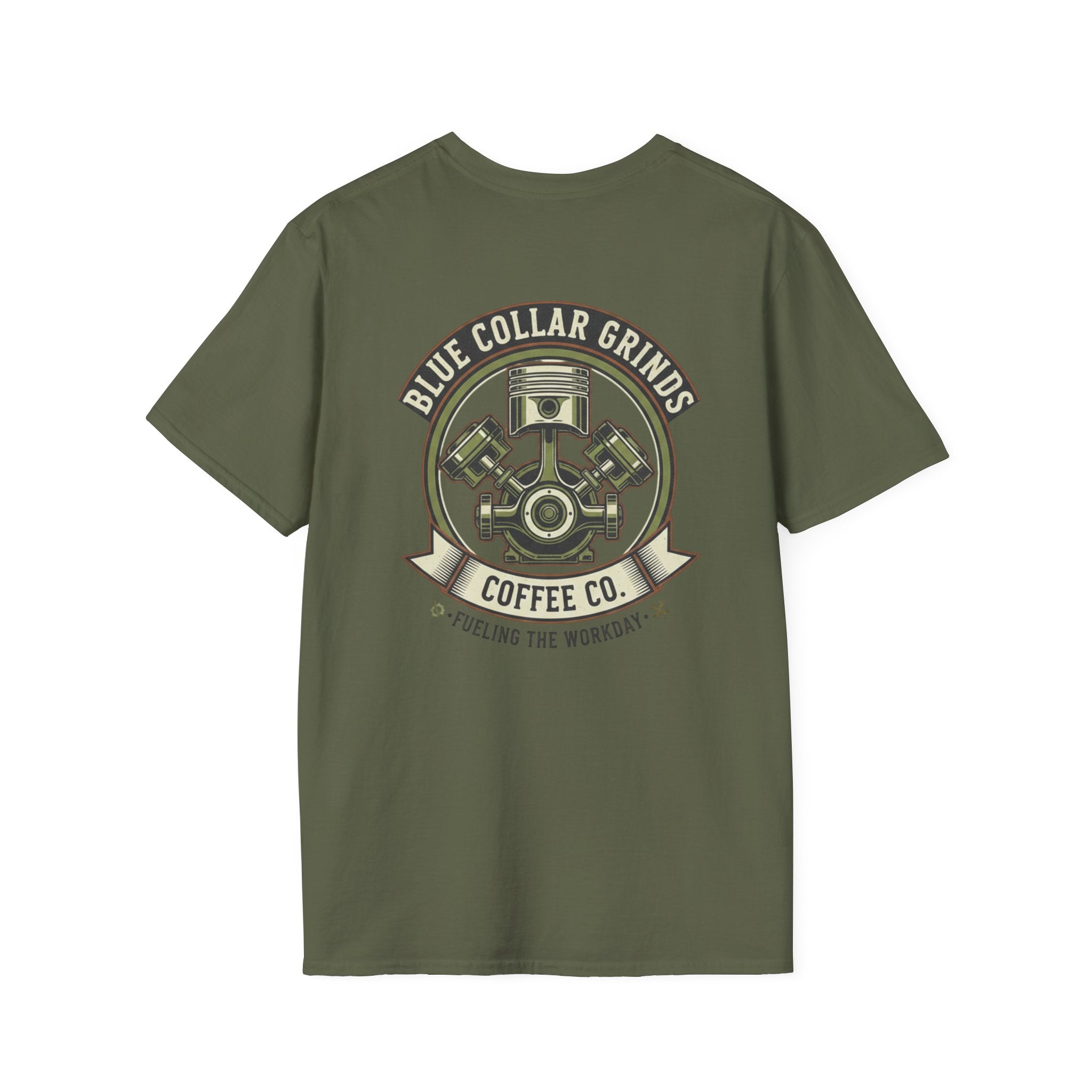 Blue Collar Grinds Coffee Co. T-Shirt — 'Fueling the Workday' Vintage Mechanic Logo