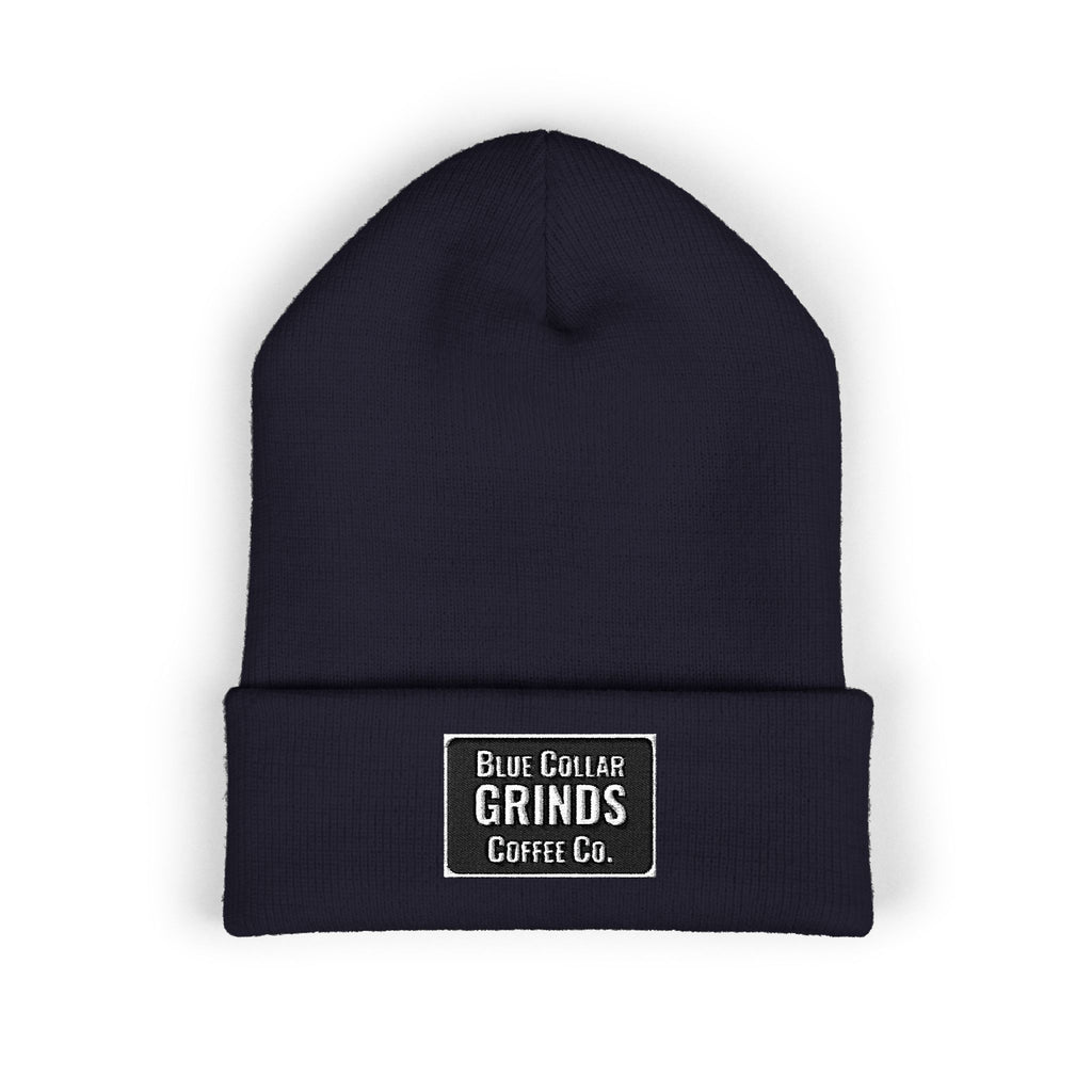 Blue Collar Grinds Coffee Co. Embroidered Earth Patch Beanie – Classic Cuffed Knit Hat
