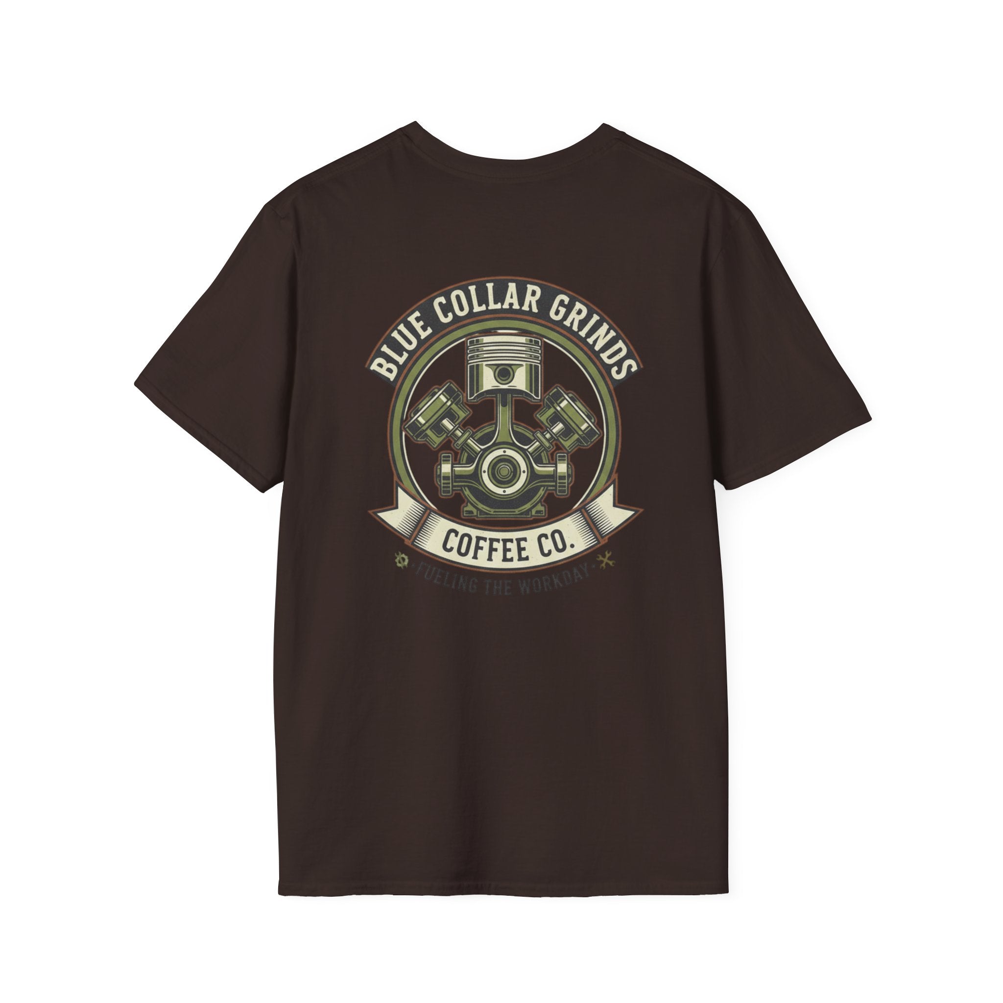 Blue Collar Grinds Coffee Co. T-Shirt — 'Fueling the Workday' Vintage Mechanic Logo
