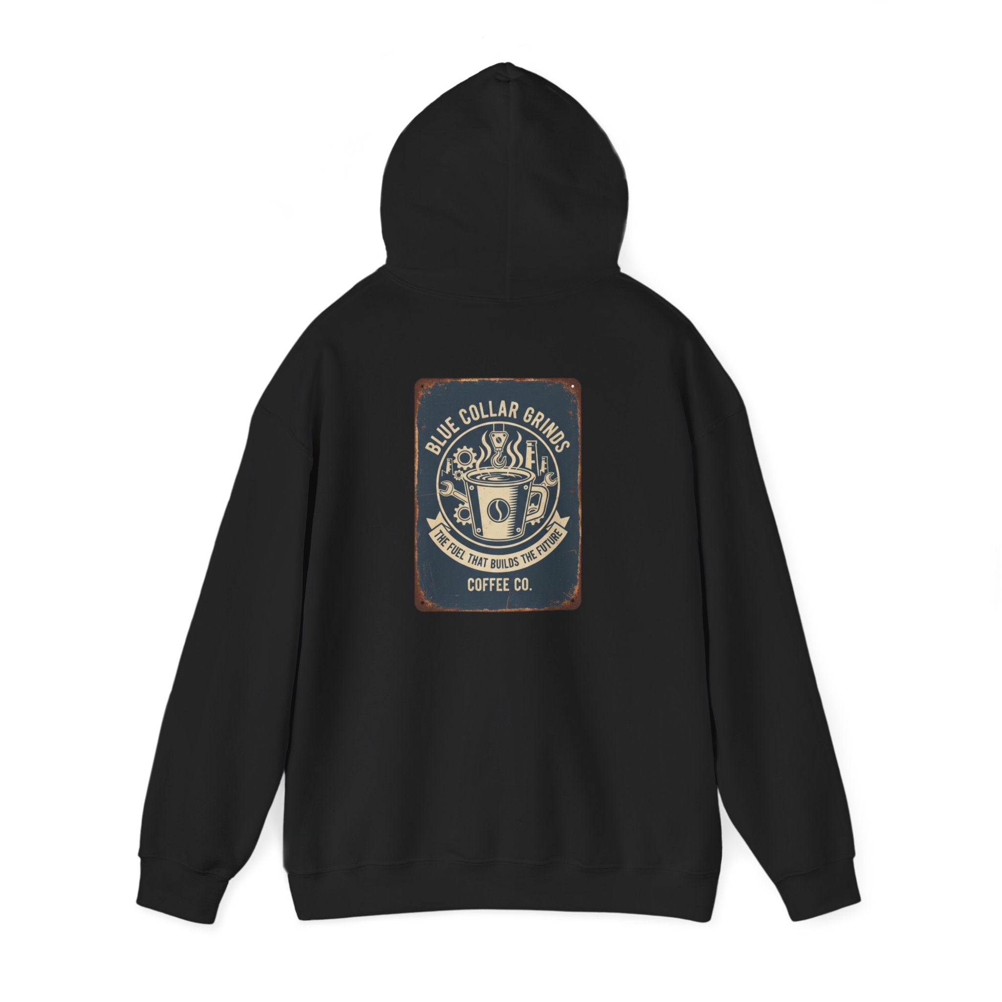 Blue Collar Grinds Coffee Co. Vintage Logo Hoodie — Retro Coffee Shop Sweatshirt