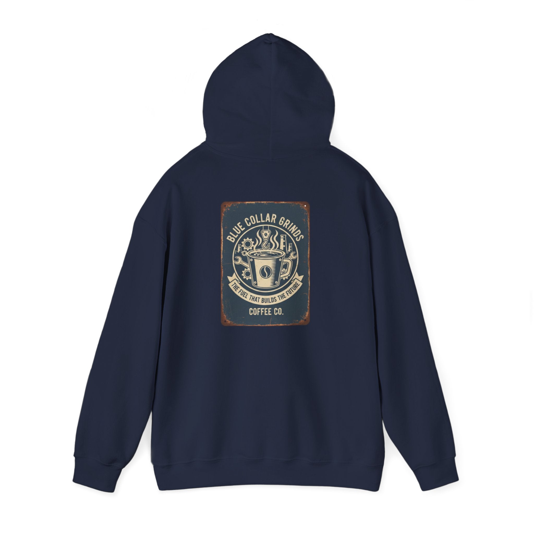 Blue Collar Grinds Coffee Co. Vintage Logo Hoodie — Retro Coffee Shop Sweatshirt