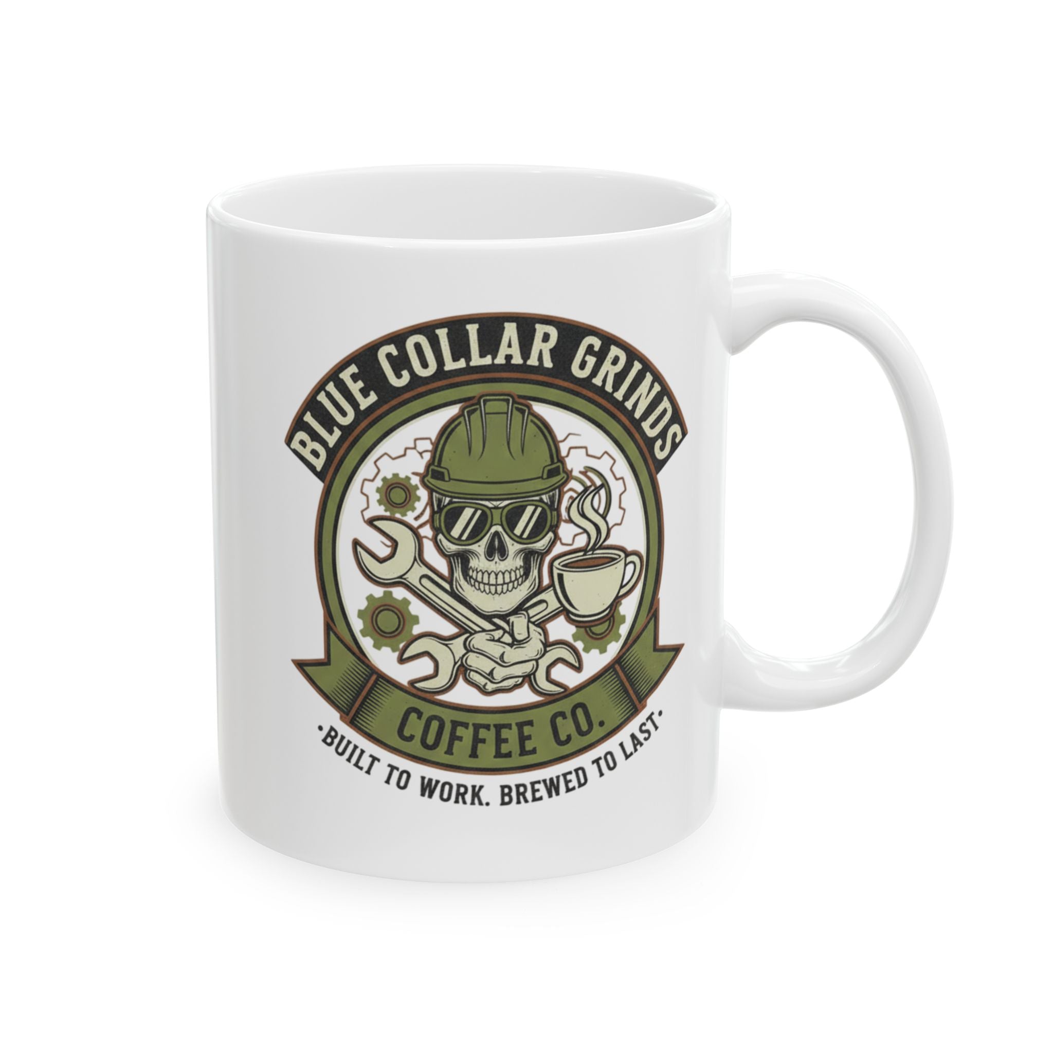 Blue Collar Grinds Coffee Co. Ceramic Coffee Mug — Skull & Tools (11oz & 15oz)