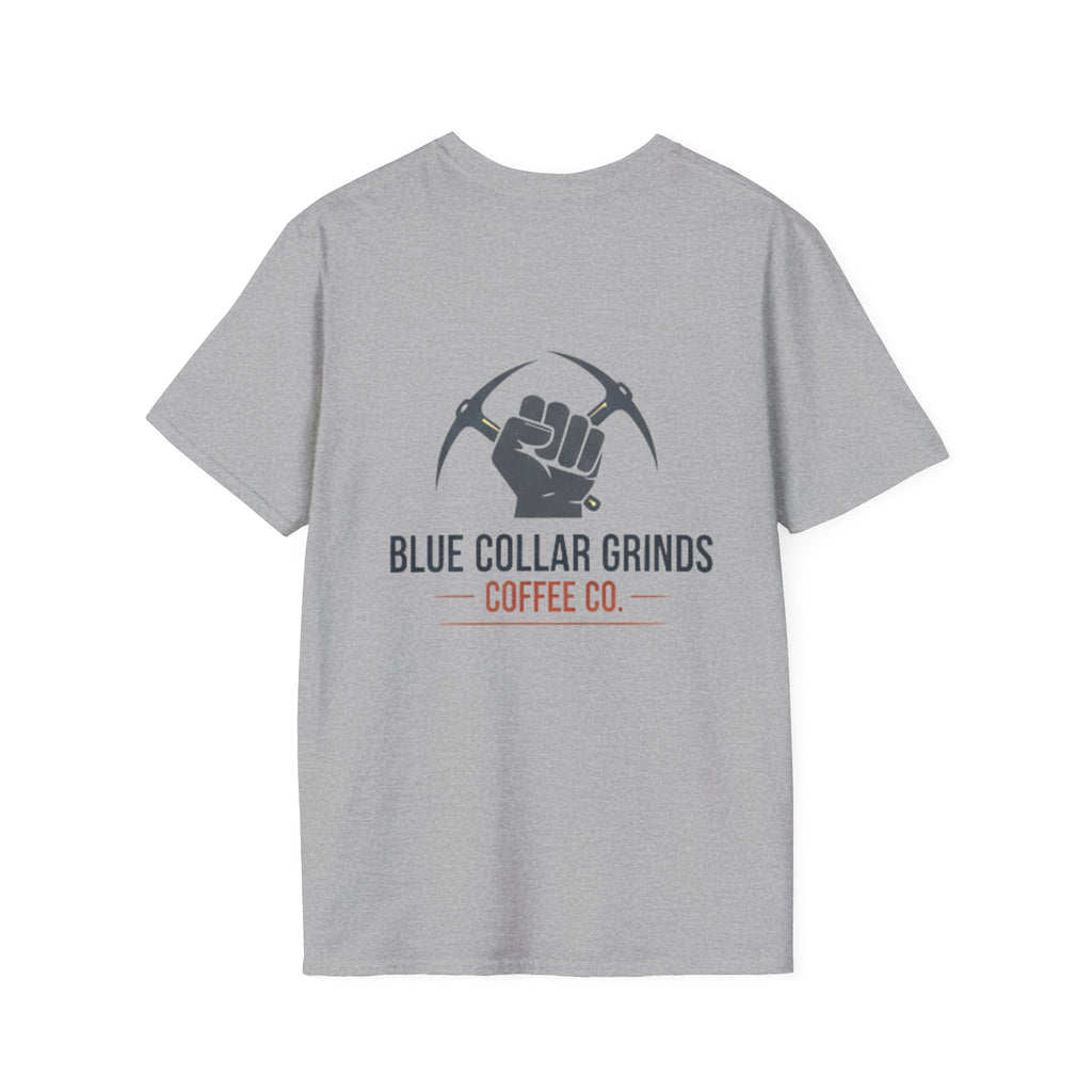 Blue Collar Grinds Coffee Co. T‑Shirt — Bold Back Logo Workwear Tee
