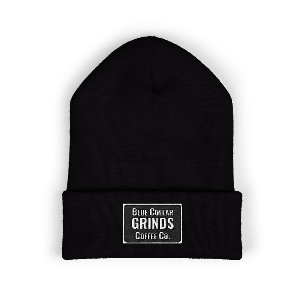 Blue Collar Grinds Coffee Co. Embroidered Earth Patch Beanie – Classic Cuffed Knit Hat