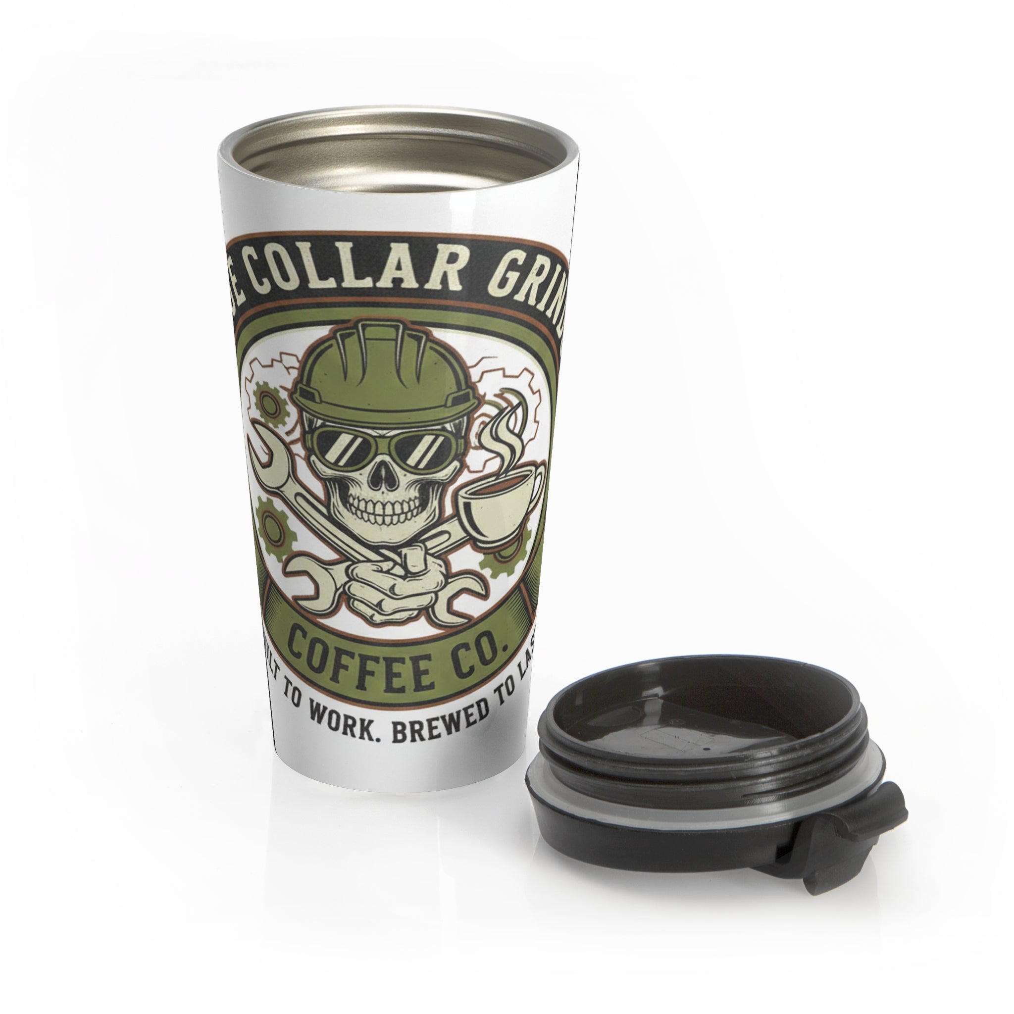 Blue Collar Grinds Coffee Co. Stainless Steel Travel Mug - Skull & Tools