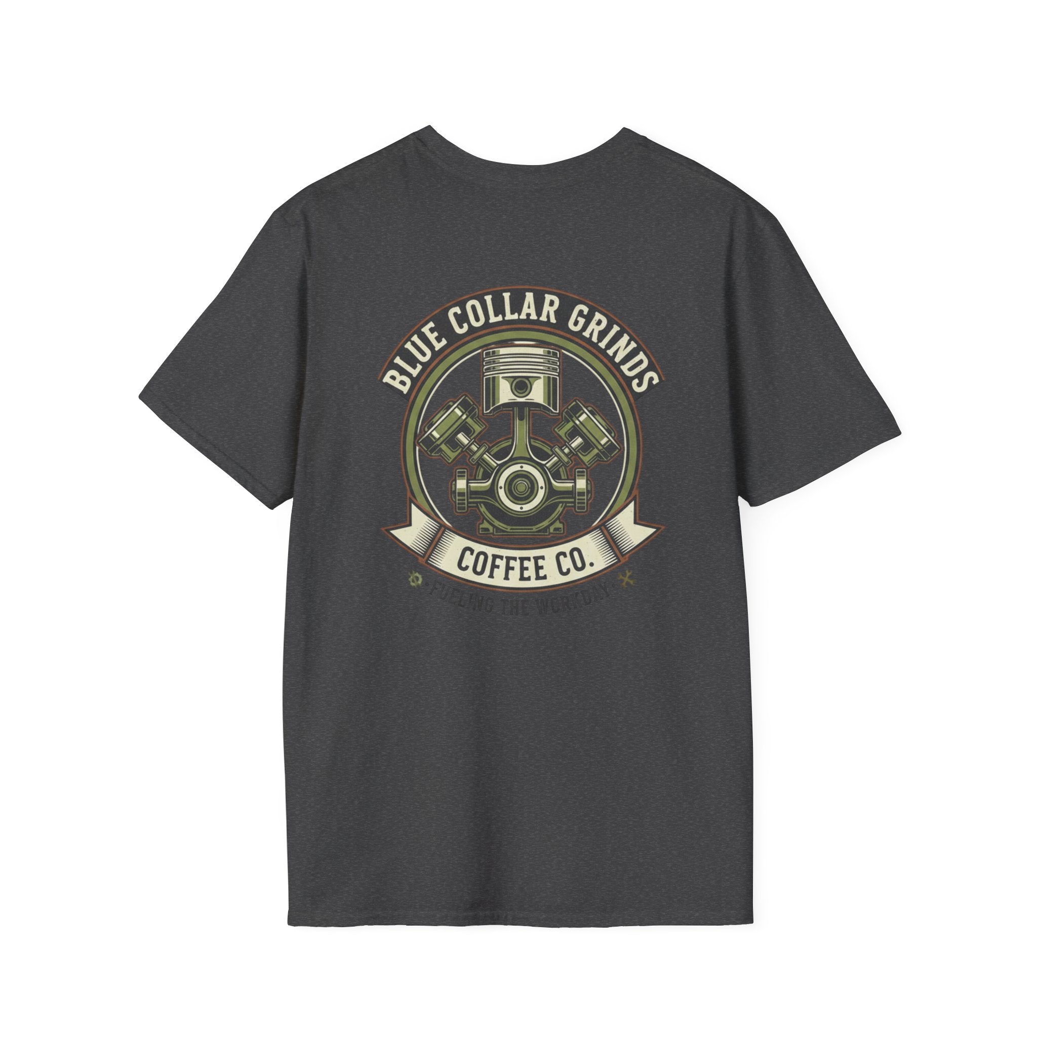 Blue Collar Grinds Coffee Co. T-Shirt — 'Fueling the Workday' Vintage Mechanic Logo