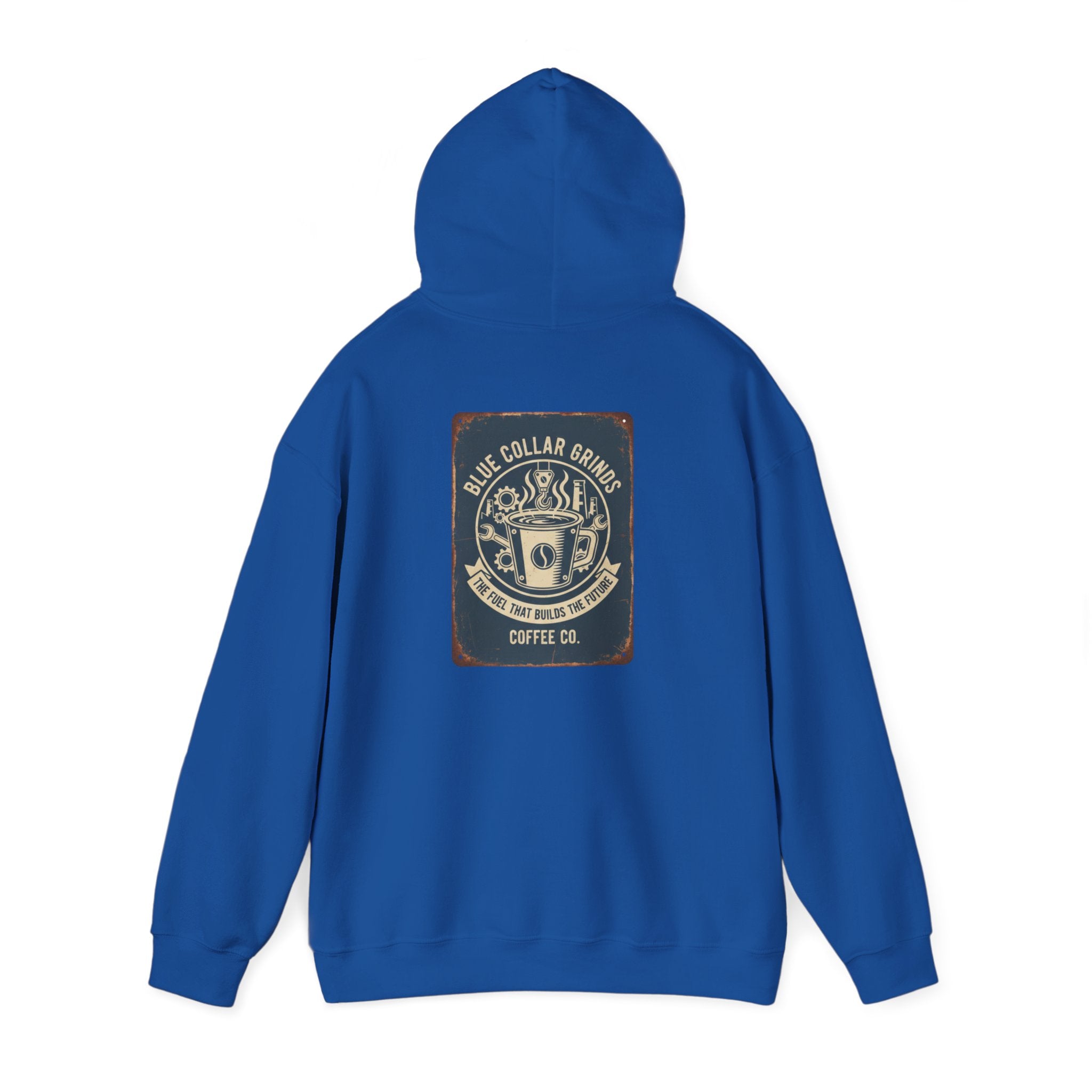 Blue Collar Grinds Coffee Co. Vintage Logo Hoodie — Retro Coffee Shop Sweatshirt