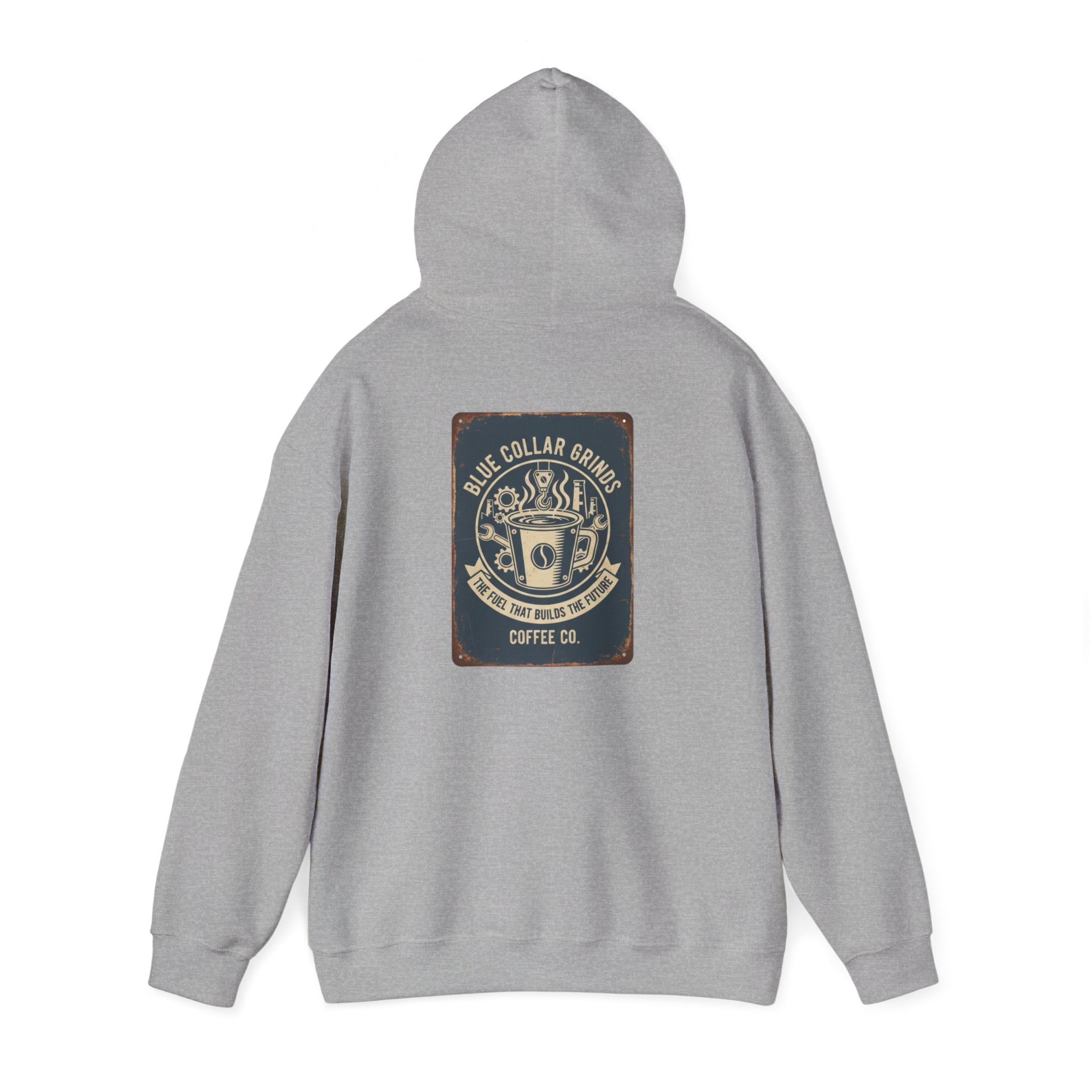 Blue Collar Grinds Coffee Co. Vintage Logo Hoodie — Retro Coffee Shop Sweatshirt