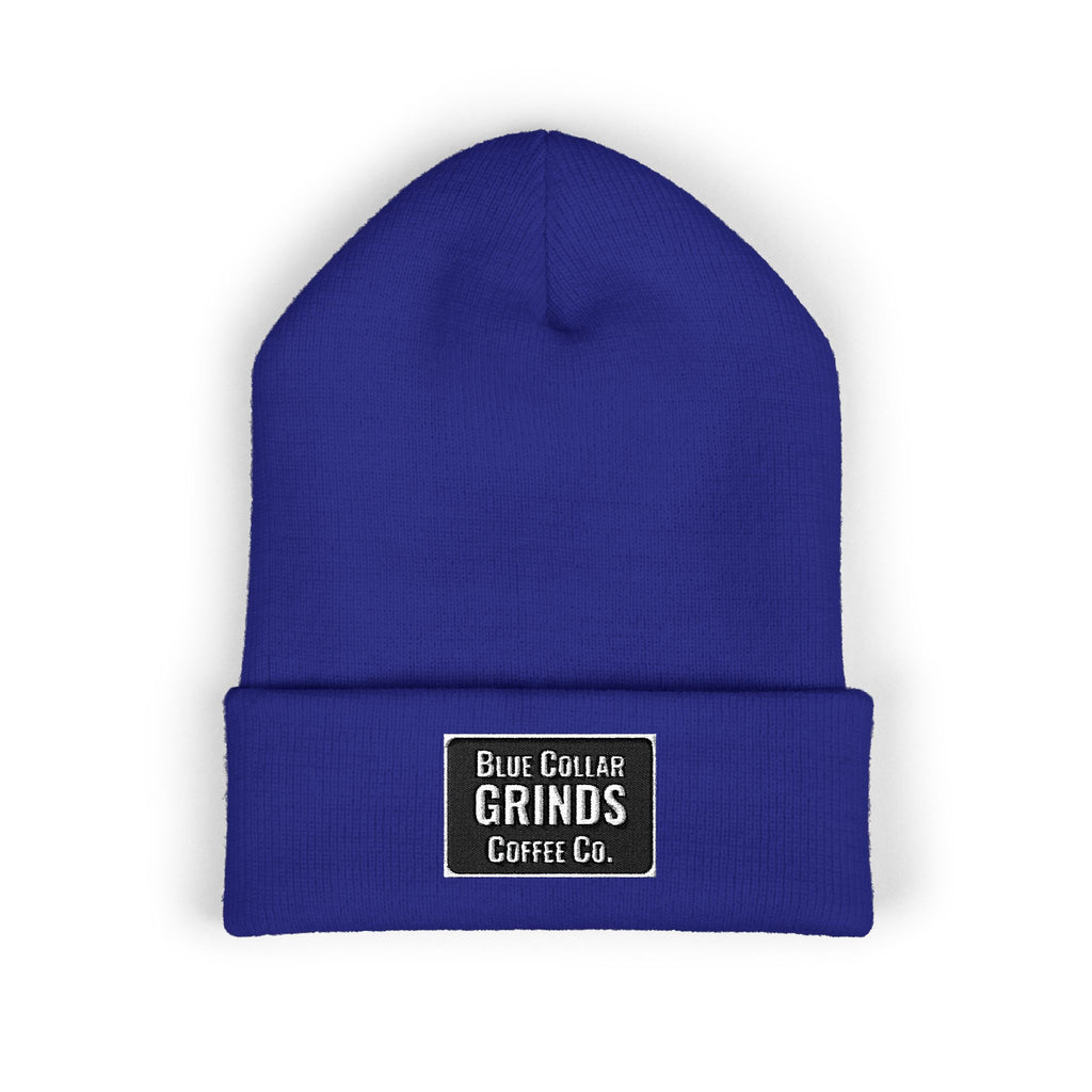 Blue Collar Grinds Coffee Co. Embroidered Earth Patch Beanie – Classic Cuffed Knit Hat