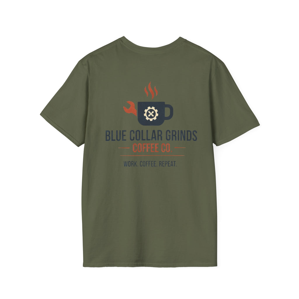 Blue Collar Grinds Coffee Co. T-Shirt — Work. Coffee. Repeat. Back Graphic Tee