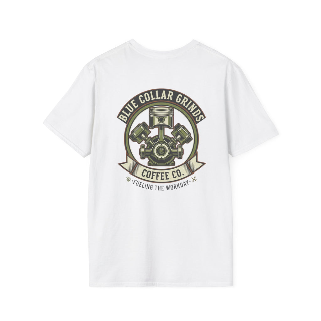 Blue Collar Grinds Coffee Co. T-Shirt — 'Fueling the Workday' Vintage Mechanic Logo