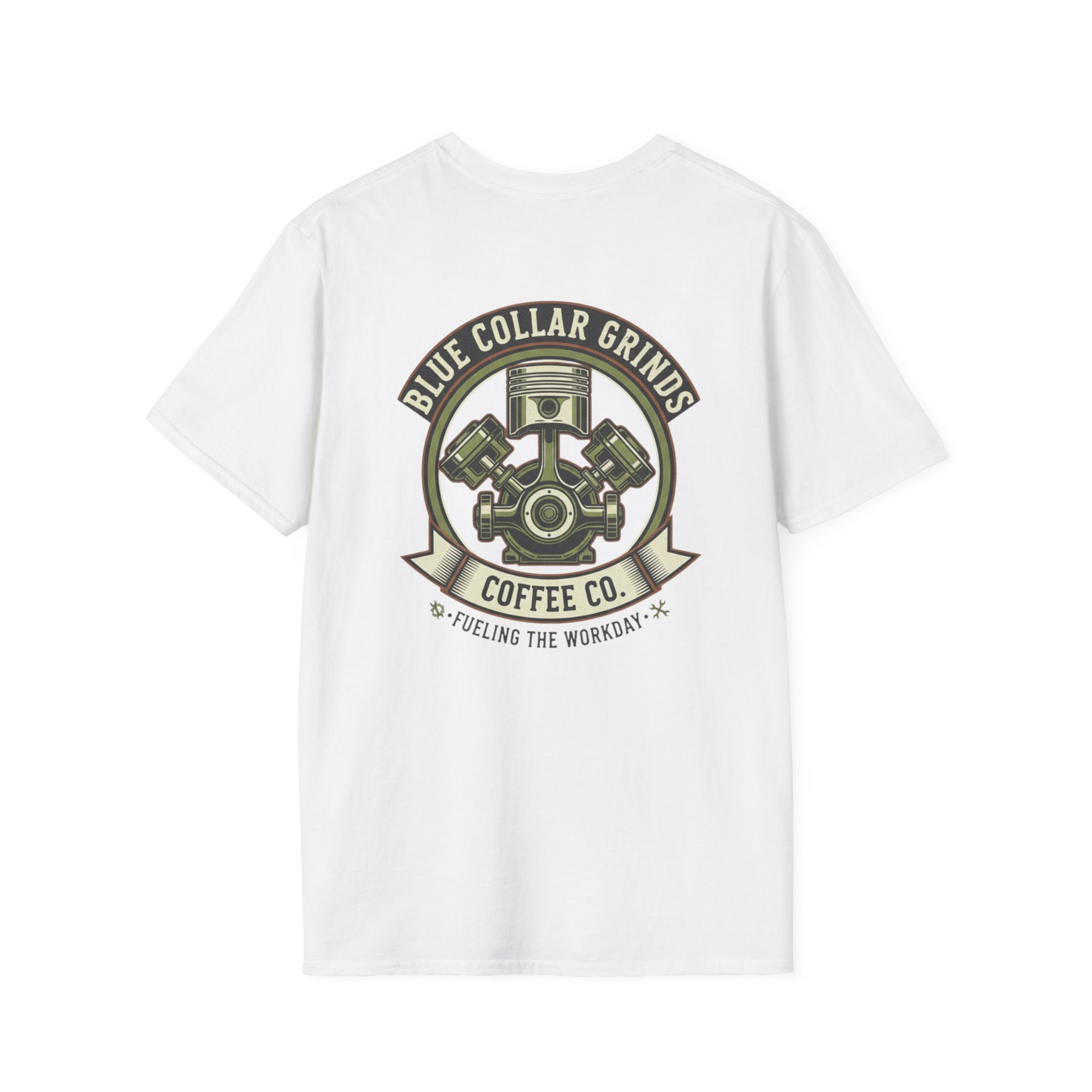 Blue Collar Grinds Coffee Co. T-Shirt — 'Fueling the Workday' Vintage Mechanic Logo