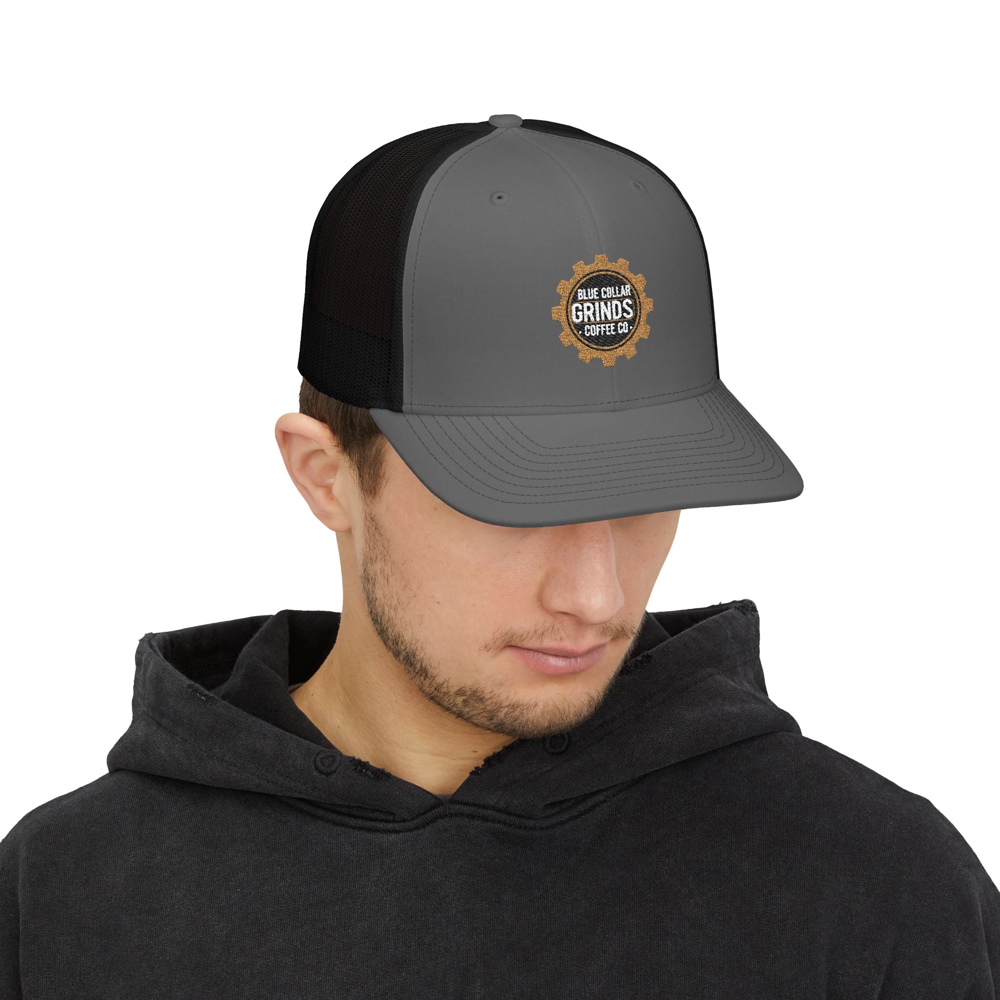 Blue Collar Grinds Coffee Co. Embroidered Trucker Cap — Gear Patch