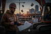A man in a brown hoodie and hard hat stands on a construction site at sunset, holding blueprints and a mug, with an excavator and another worker visible in the background.