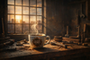 Steaming coffee cup on a workbench with tools and 'Built for the Blue Collar Grind' text.